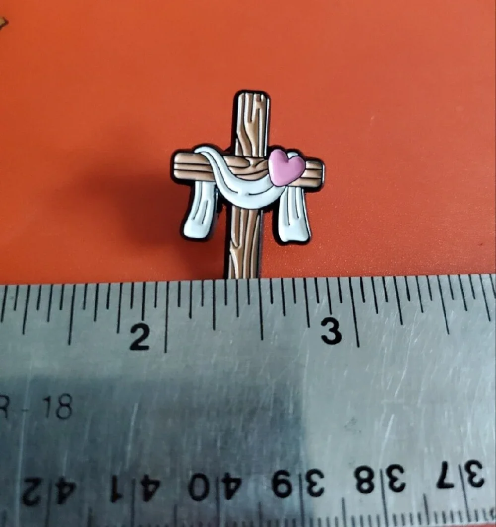 Cross Enamel Pin with Drape and Heart - Brown, White, Pink